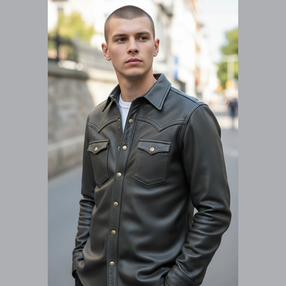 Men’s Black Cowhide Leather Police Shirt – Full Sleeves Uniform Style