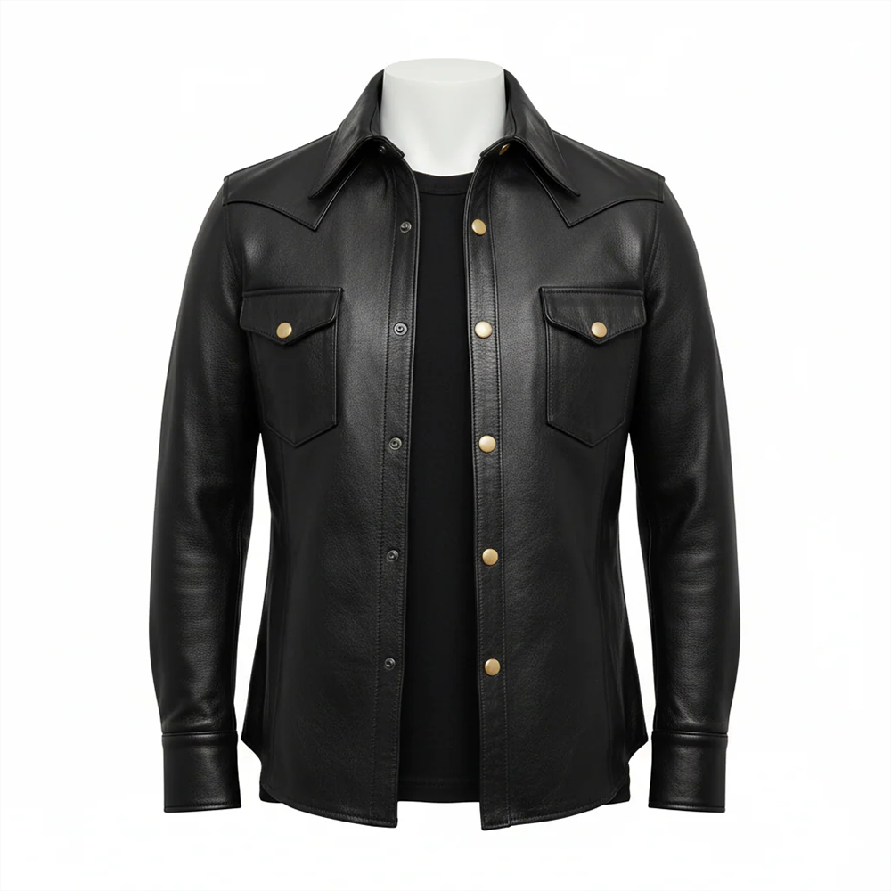 Men’s Black Cowhide Leather Police Shirt – Full Sleeves Uniform Style