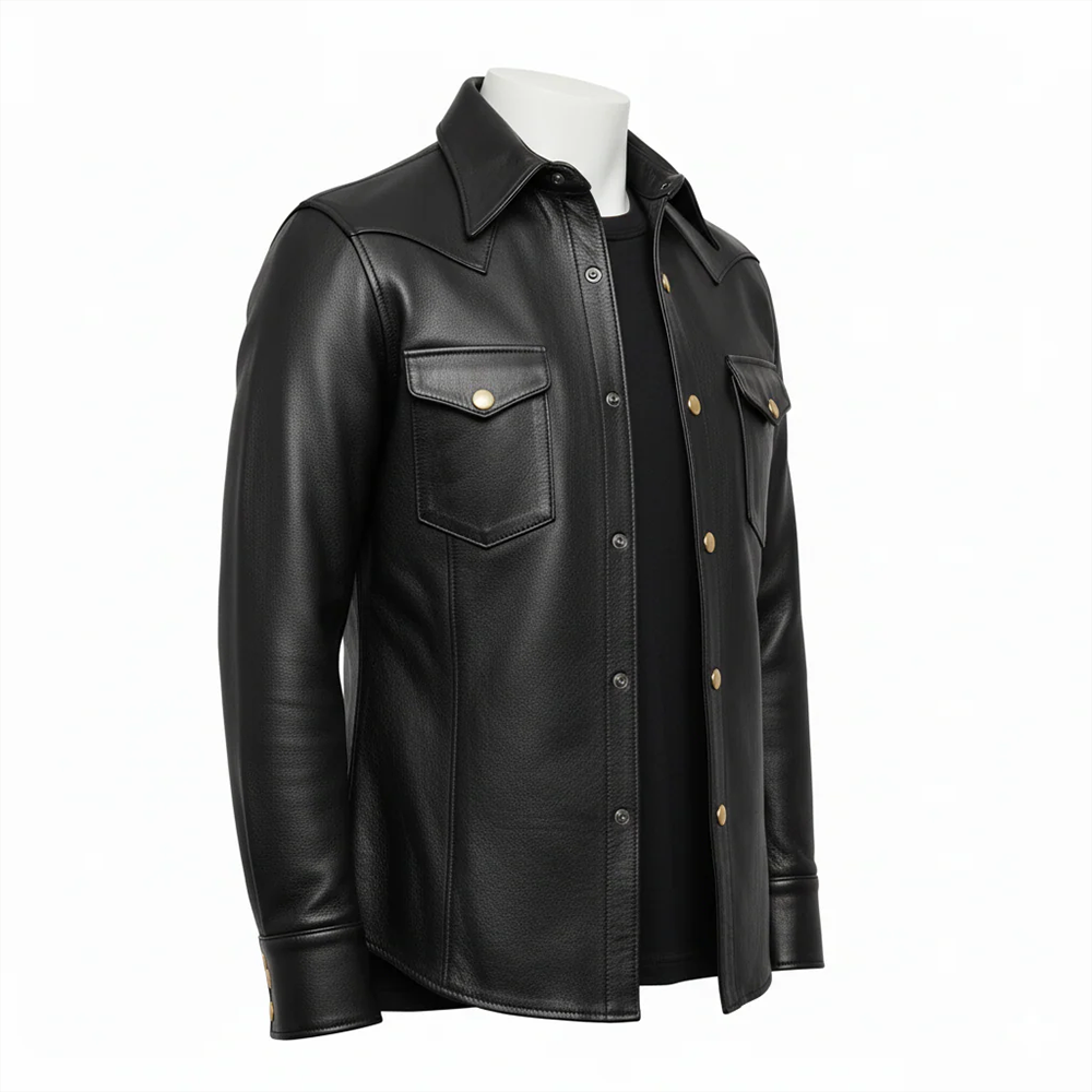 Men’s Black Cowhide Leather Police Shirt – Full Sleeves Uniform Style
