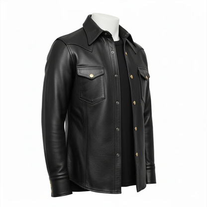 Men’s Black Cowhide Leather Police Shirt – Full Sleeves Uniform Style