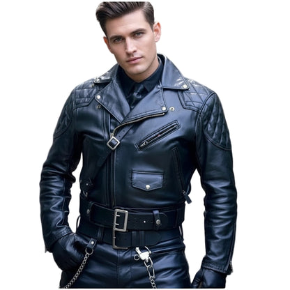 Men’s Brando Leather Biker Jacket with Quilted Panels & Side Laces