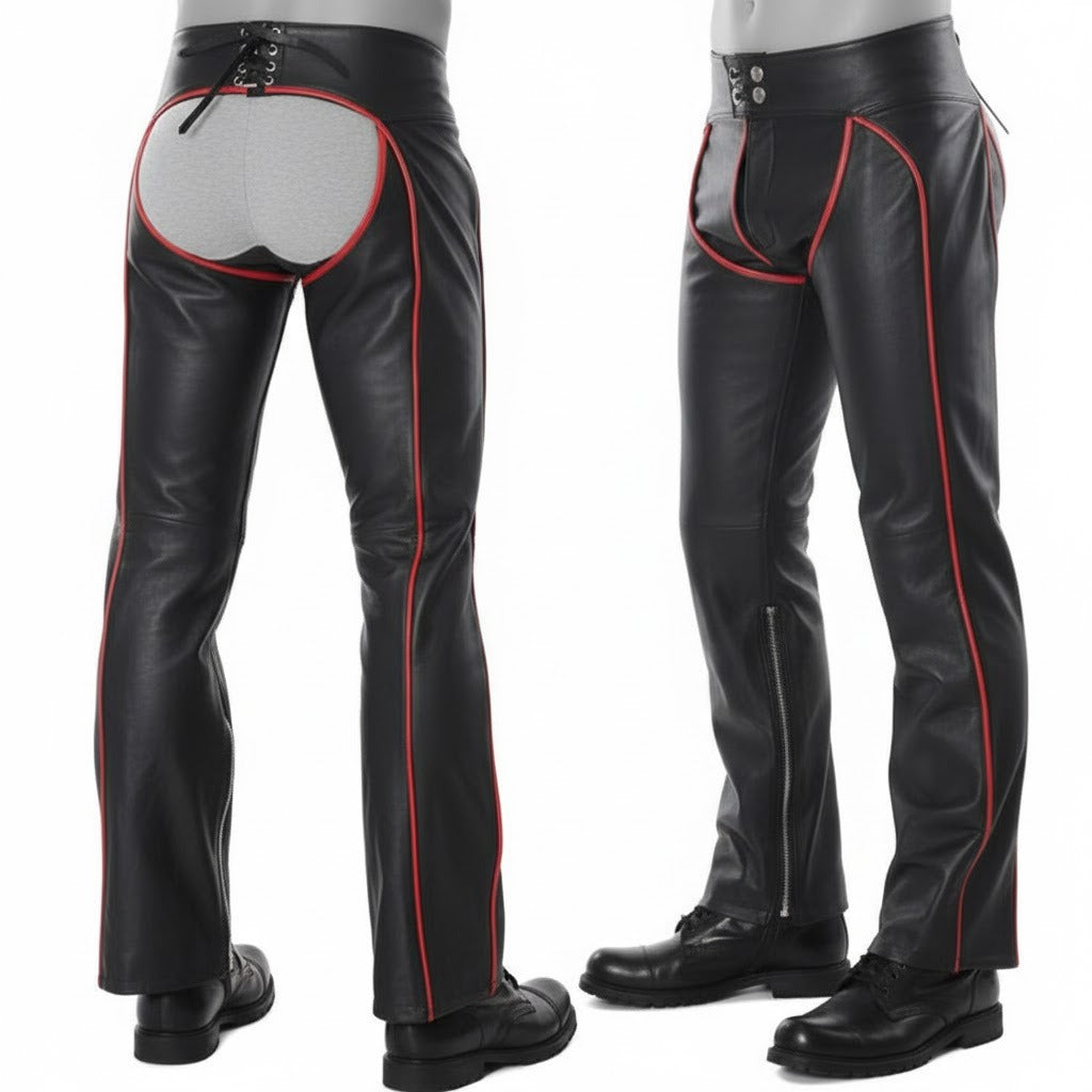 Men’s Cowhide Leather Biker Chaps with Red Piping & Codpiece