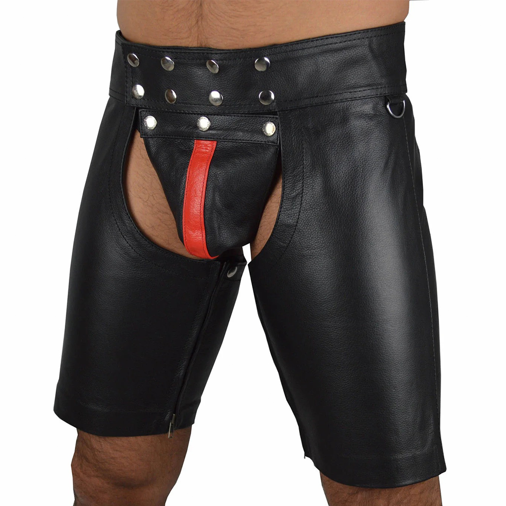 Men's Real Cowhide Leather Chaps Shorts Chaps Detachable Codpiece