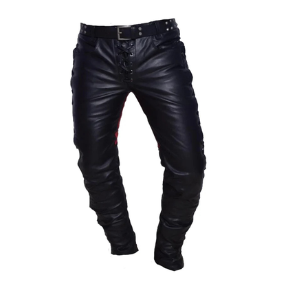 Men's Front And Side Laces Up Bikers Pants Contrast Leather Bikers Trousers