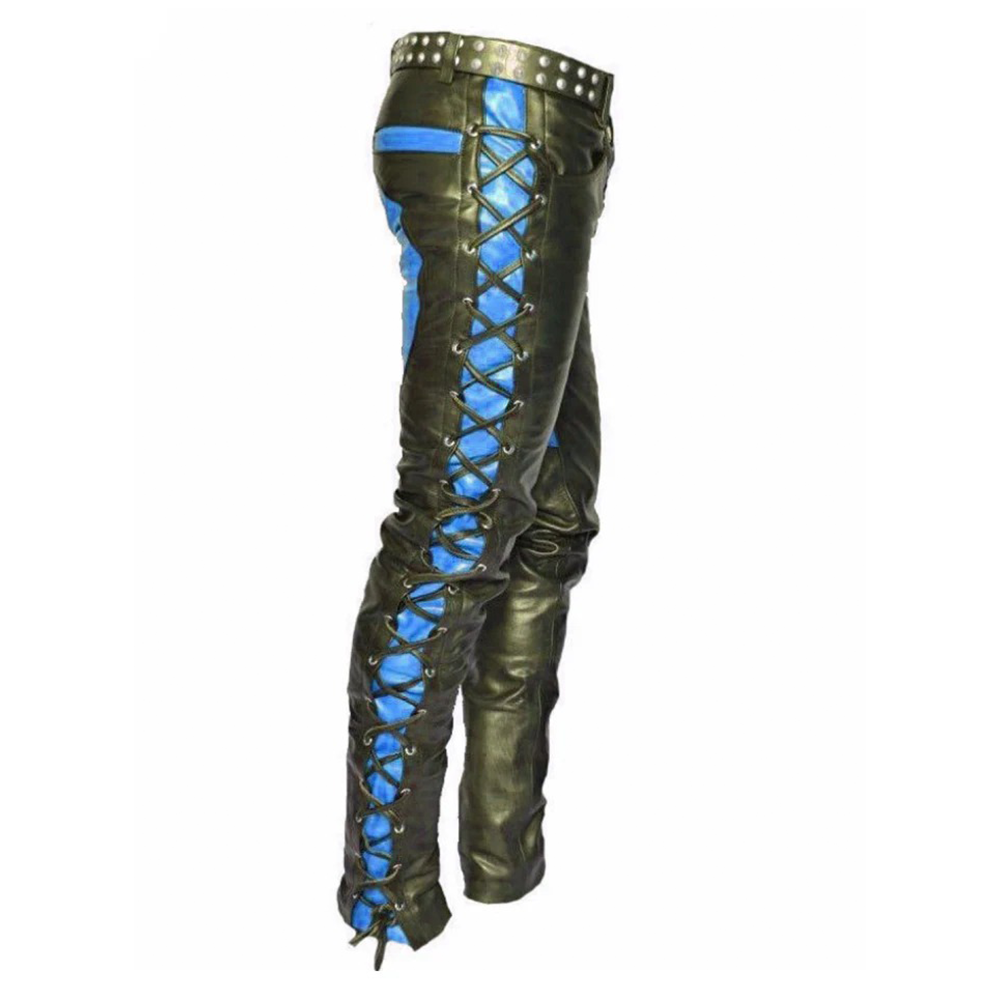 Men's Front And Side Laces Up Bikers Pants Contrast Leather Bikers Trousers