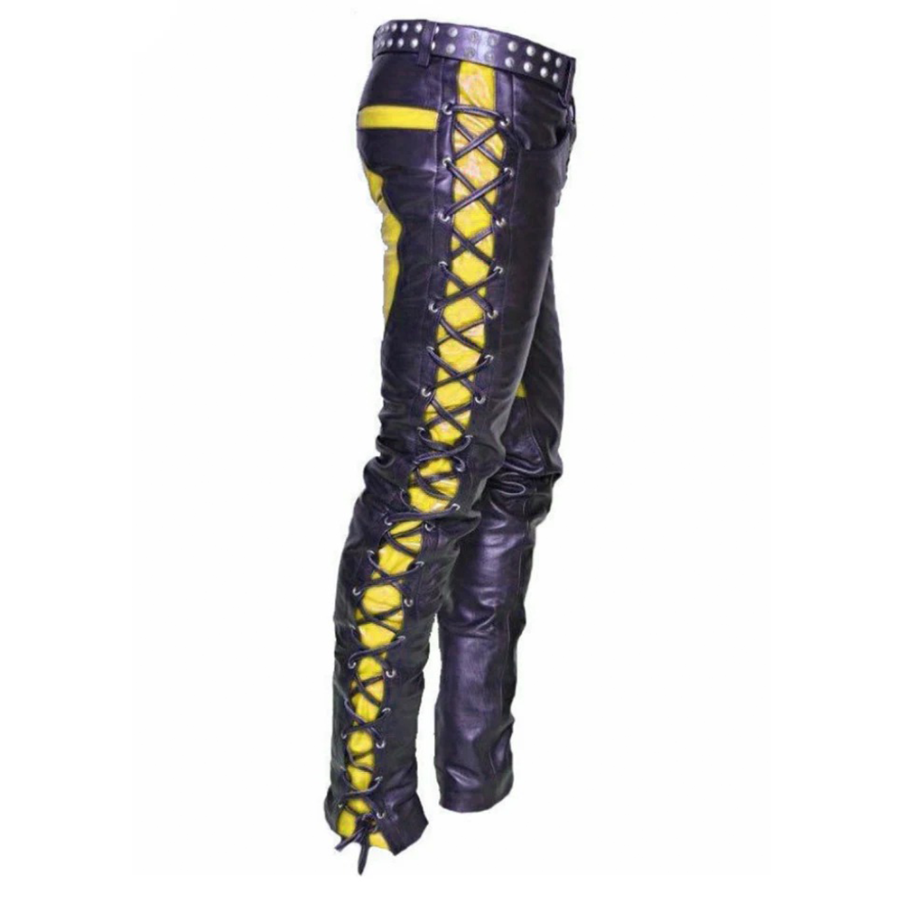 Men's Front And Side Laces Up Bikers Pants Contrast Leather Bikers Trousers