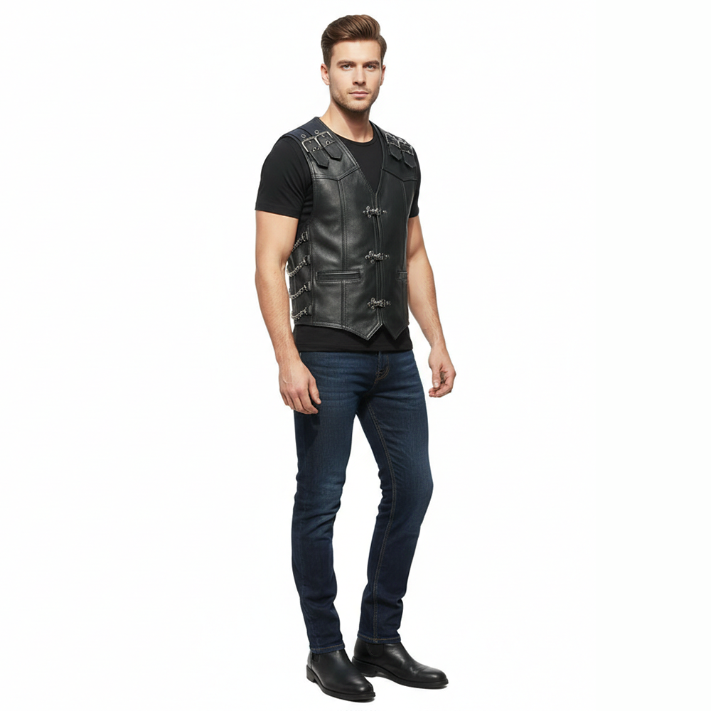 Men’s Genuine Leather Steampunk Bikers Vest with Chains and Buckles