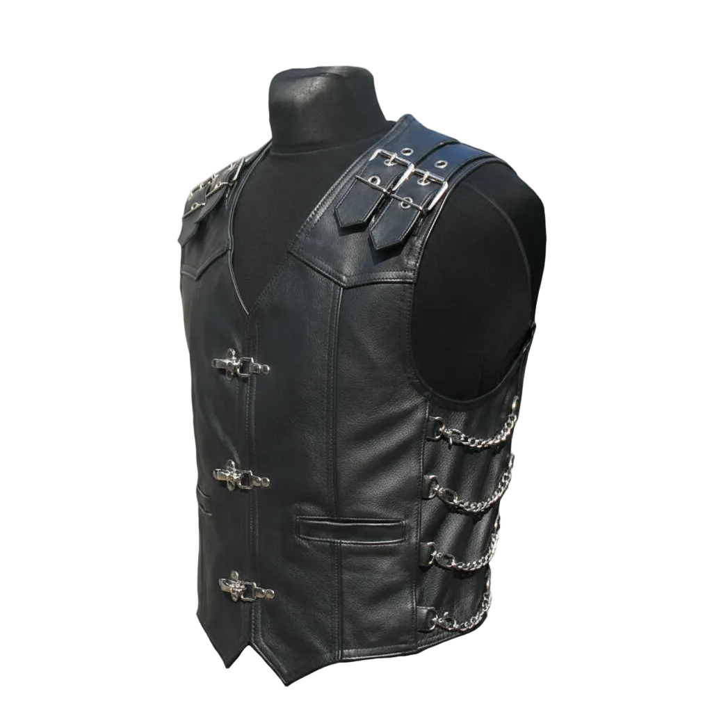 Men’s Genuine Leather Steampunk Bikers Vest with Chains and Buckles