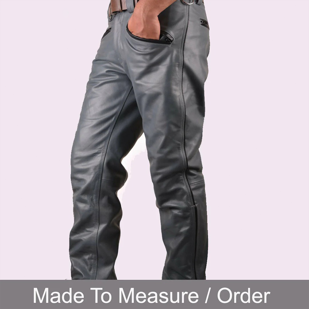 Men’s Grey Cowhide Leather Biker Pants – BLUF Style Trousers