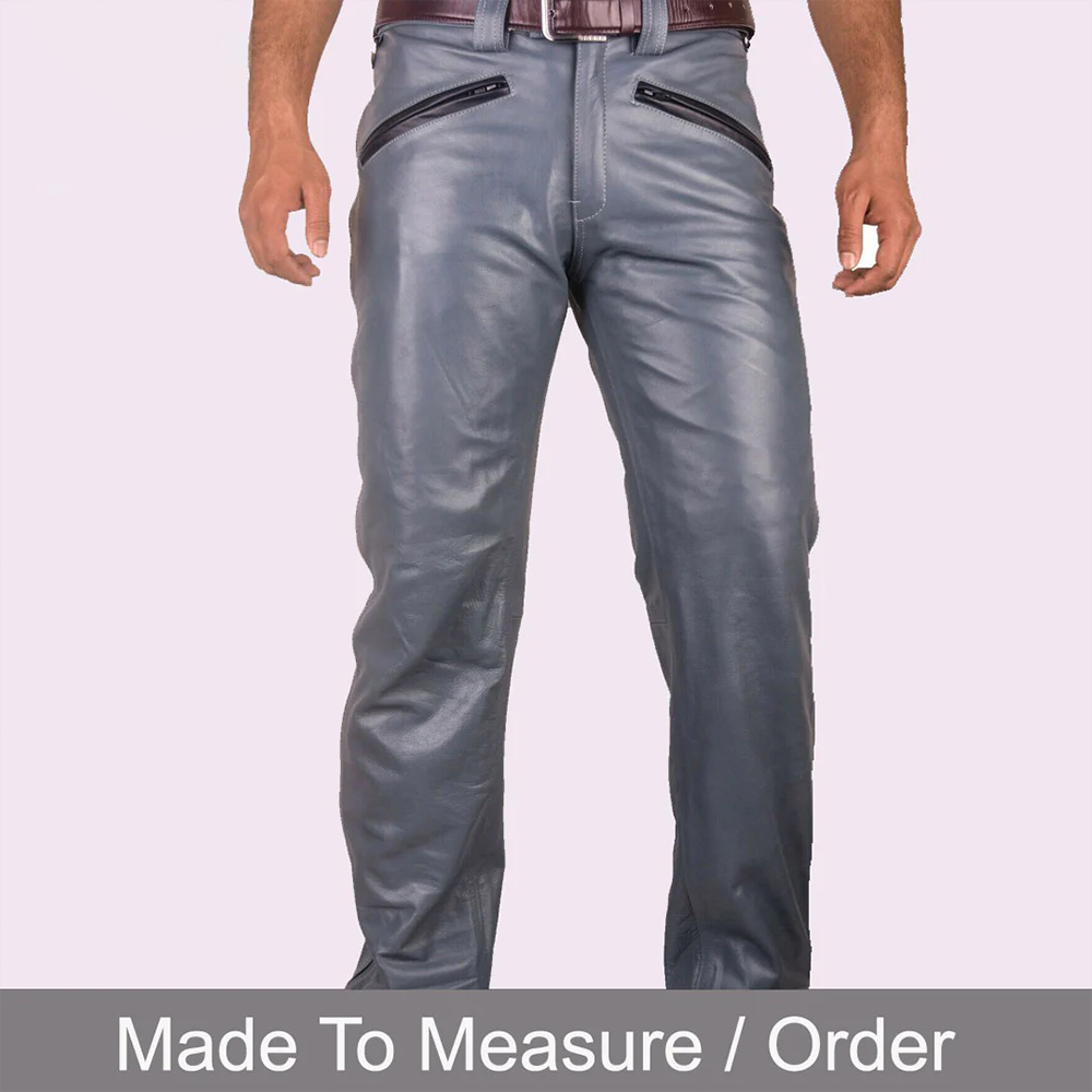 Men’s Grey Cowhide Leather Biker Pants – BLUF Style Trousers