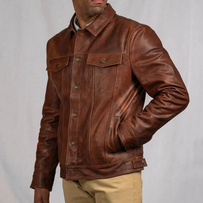 Men’s Classic Levi’s Style Leather Jacket with Button-Up Front