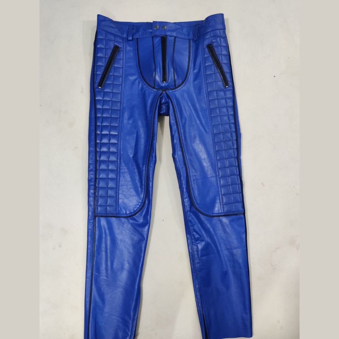Men's Cowhide Leather Biker Pants with Quilted Panels and Piping