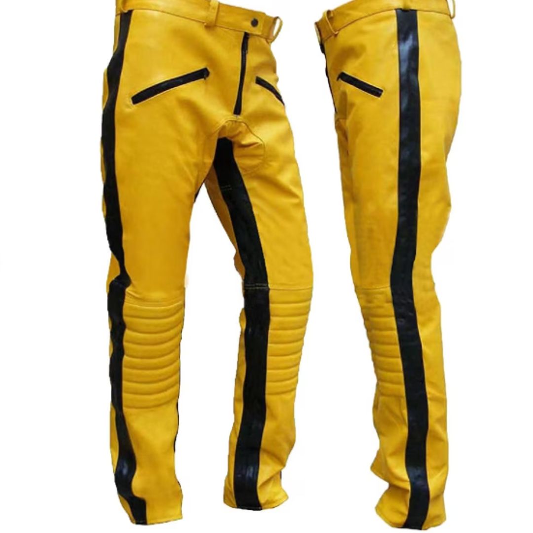 Men’s Cowhide Leather Biker Pants with Quilted Panels & Striped Piping
