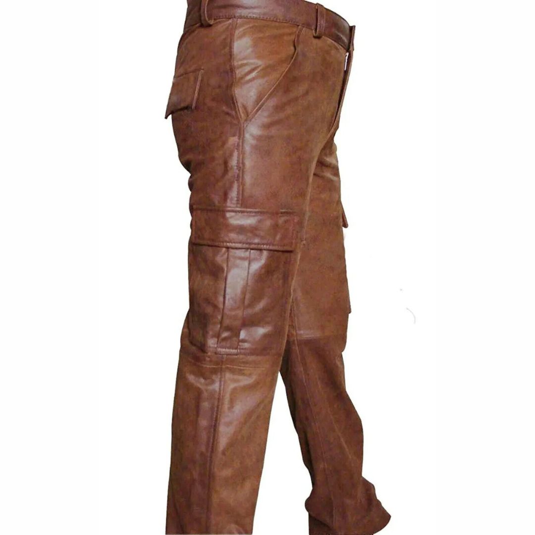 Men’s Vintage Cowhide Leather Cargo Biker Pants – Natural Grain