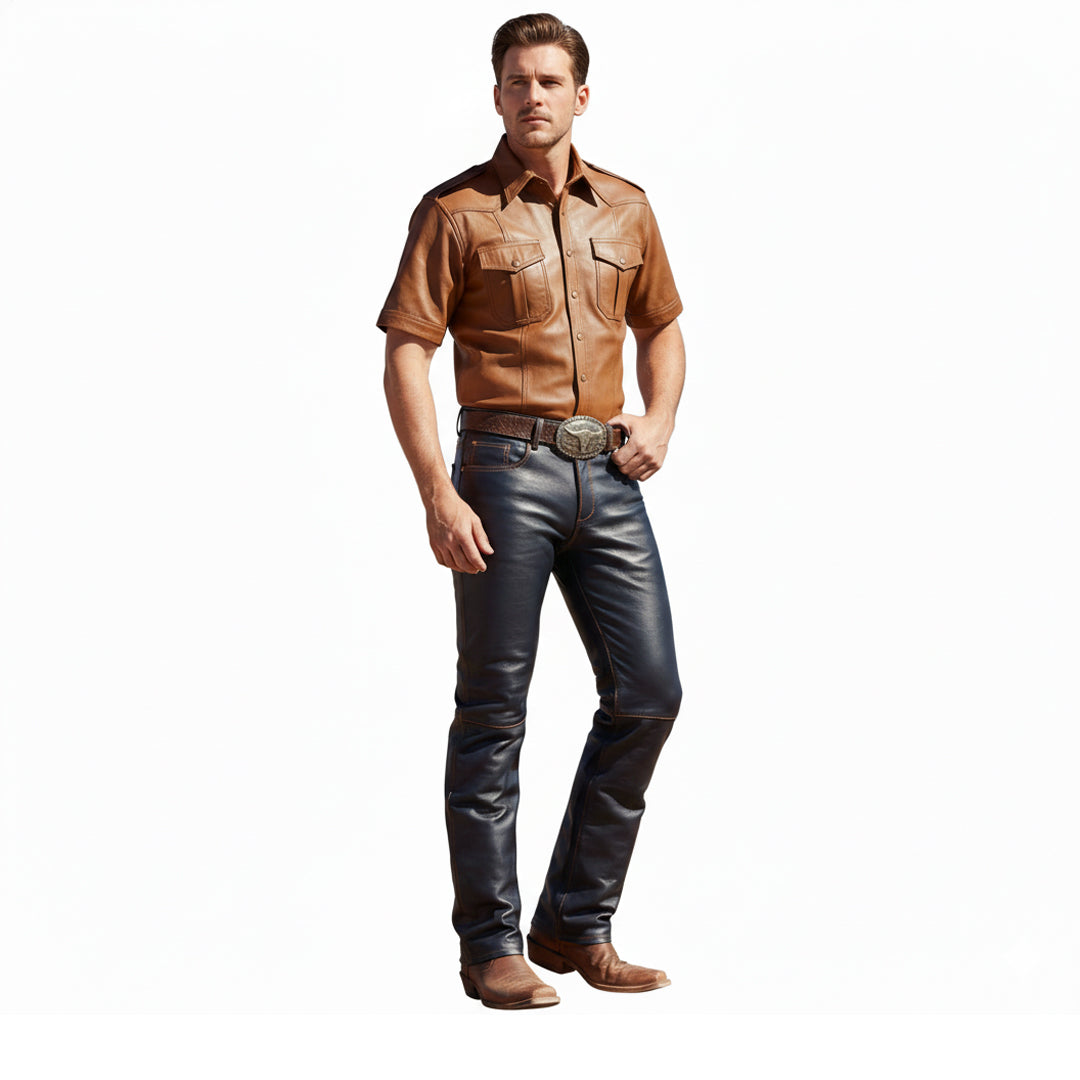 Men’s Real Lamb Leather Police Military Short Sleeve Shirt