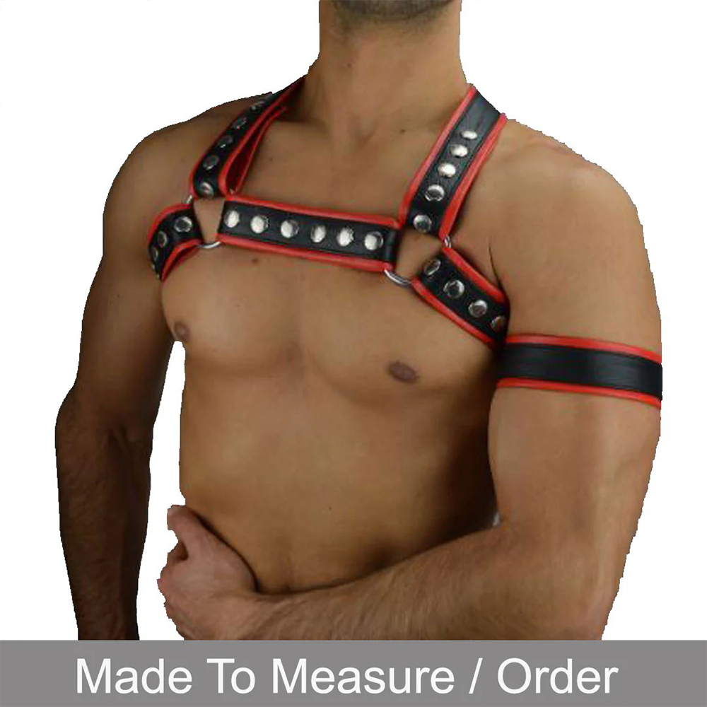 Men’s Leather Chest Harness with Red Piping + Free Armband