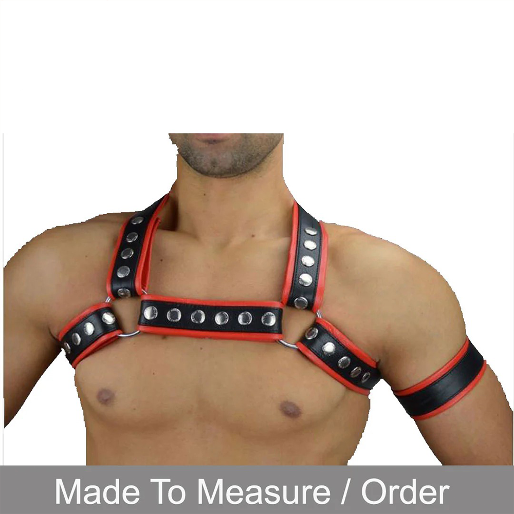 Men’s Leather Chest Harness with Red Piping + Free Armband