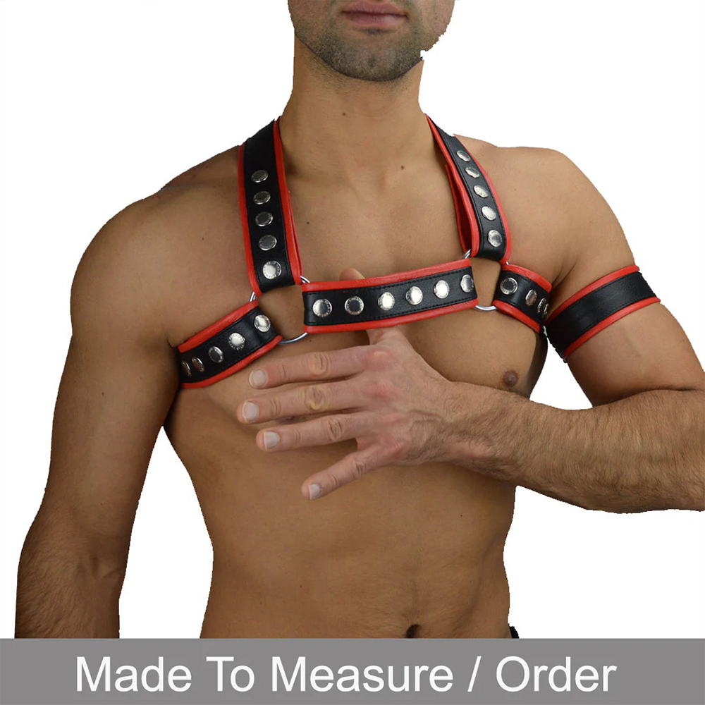 Men’s Leather Chest Harness with Red Piping + Free Armband