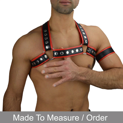 Men’s Leather Chest Harness with Red Piping + Free Armband