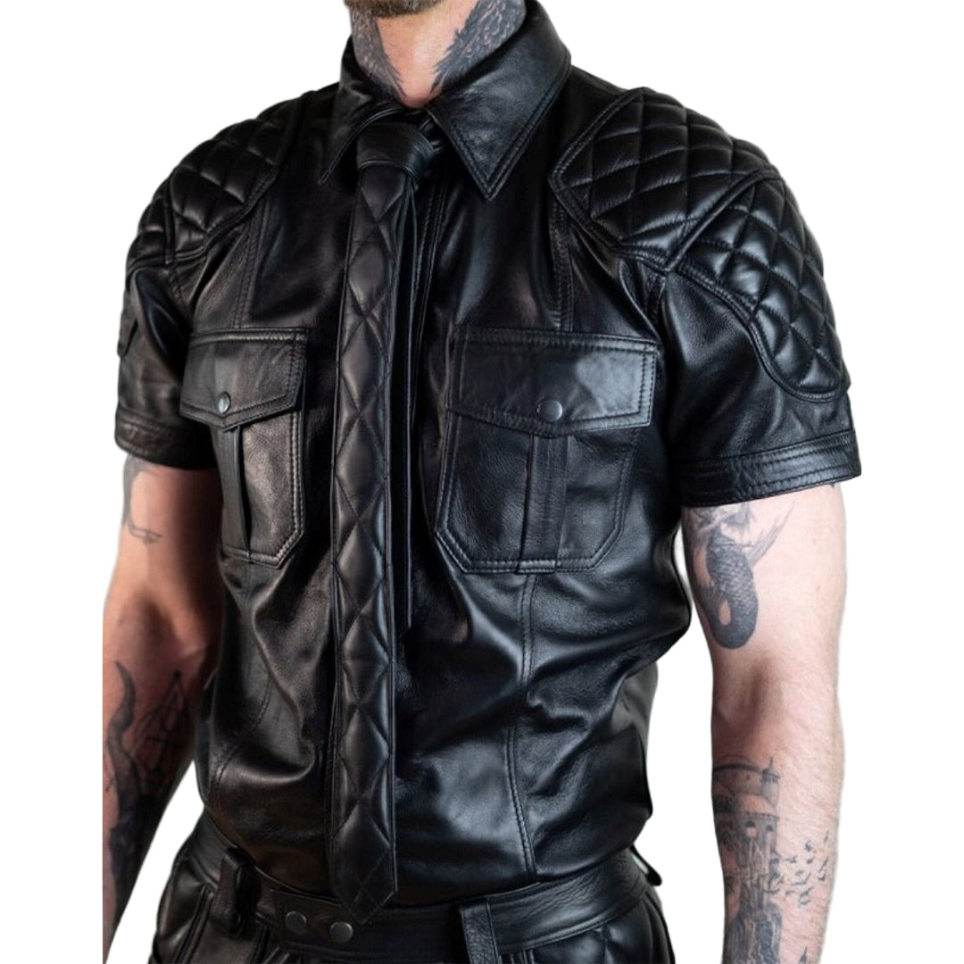 Men’s Quilted Leather Police Shirt & Tie Set – Lambskin BLUF Style
