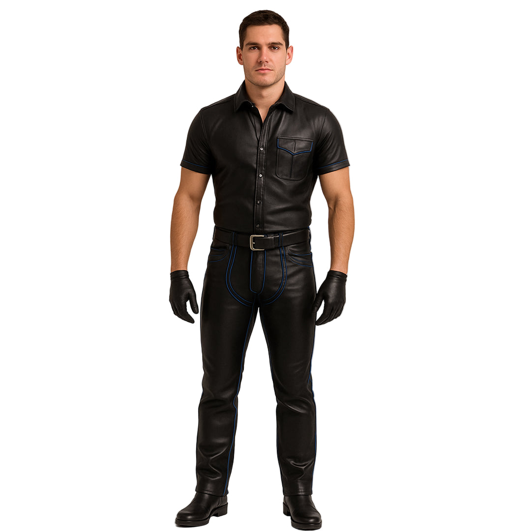 Men’s Leather Pants & Police Shirt with Blue Piping – Custom Fetish Uniform