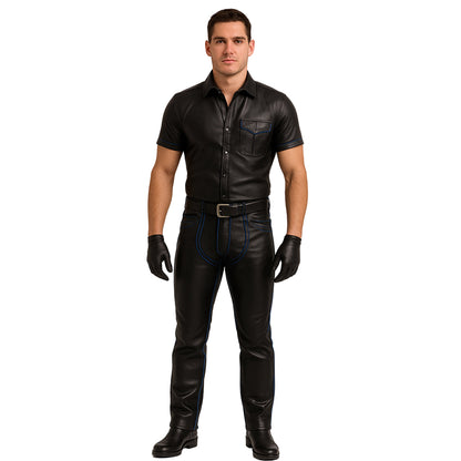 Men’s Leather Pants & Police Shirt with Blue Piping – Custom Fetish Uniform