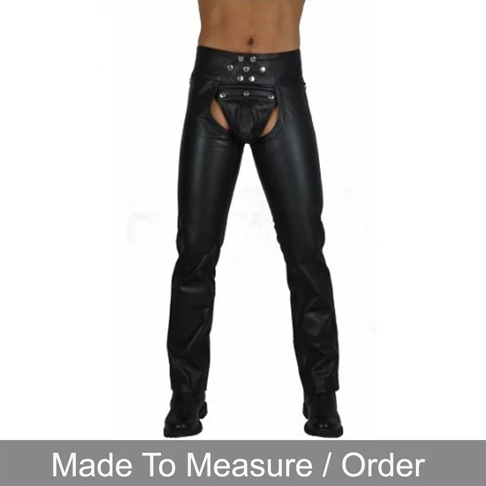 Men’s Nappa Leather Biker Chaps with Codpiece & Button Closure