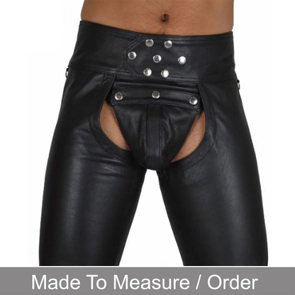 Men’s Nappa Leather Biker Chaps with Codpiece & Button Closure