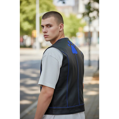 Men's Real Cow Leather Contrast Piping & PAW Logo BLUF / Bikers Vest