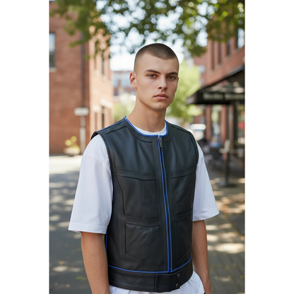 Men's Real Cow Leather Contrast Piping & PAW Logo BLUF / Bikers Vest