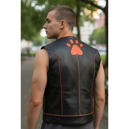 Men's Real Cow Leather Contrast Piping & PAW Logo BLUF / Bikers Vest