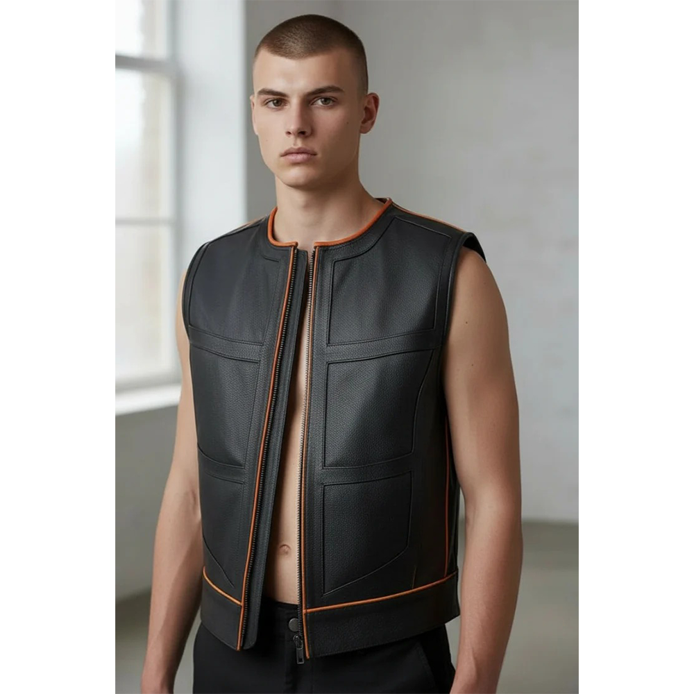 Men's Real Cow Leather Contrast Piping & PAW Logo BLUF / Bikers Vest