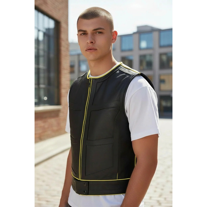Men's Real Cow Leather Contrast Piping & PAW Logo BLUF / Bikers Vest