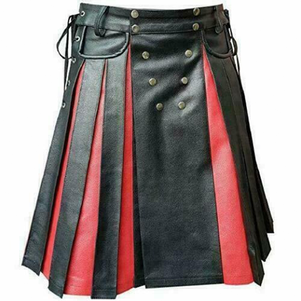 Men's Real Cowhide Leather Utility Kilt Side Laces & Pockets With Red Panels