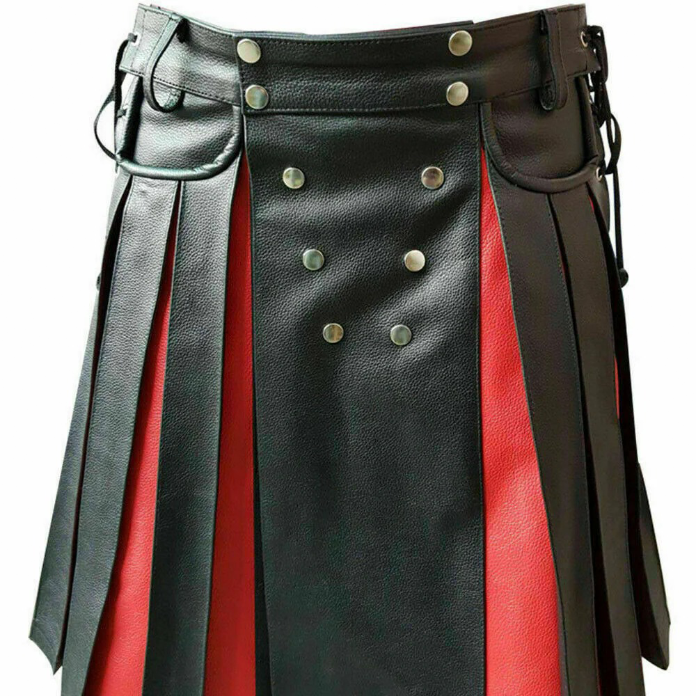 Men's Real Cowhide Leather Utility Kilt Side Laces & Pockets With Red Panels