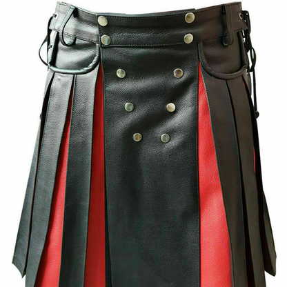 Men's Real Cowhide Leather Utility Kilt Side Laces & Pockets With Red Panels