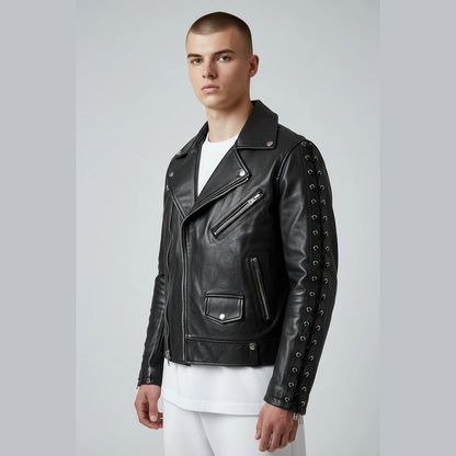 Men's Cowhide Leather Biker Jacket with Laced Sleeves