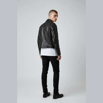 Men's Cowhide Leather Biker Jacket with Laced Sleeves