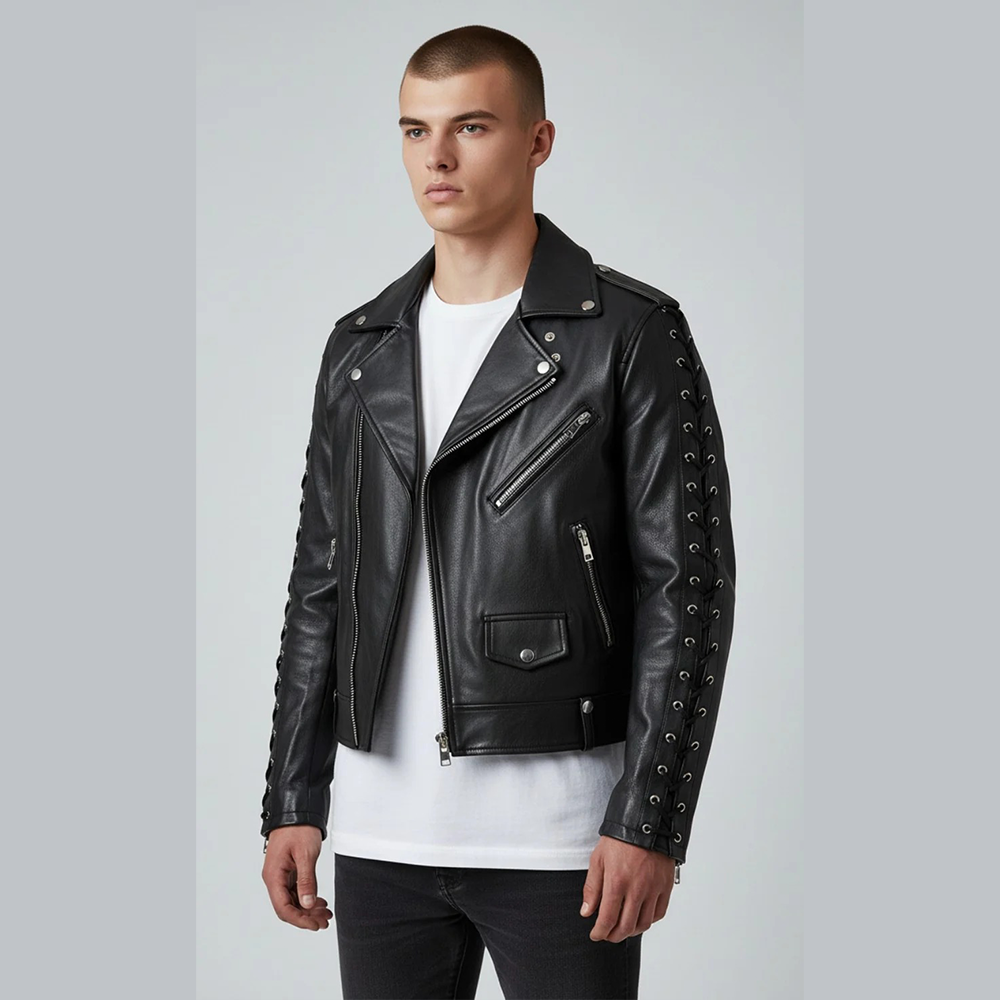 Men's Cowhide Leather Biker Jacket with Laced Sleeves