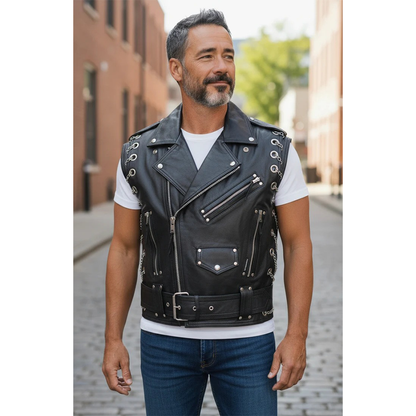 Men's Real Cow Leather Bikers Vest / Waistcoat / Steampunk / Vest