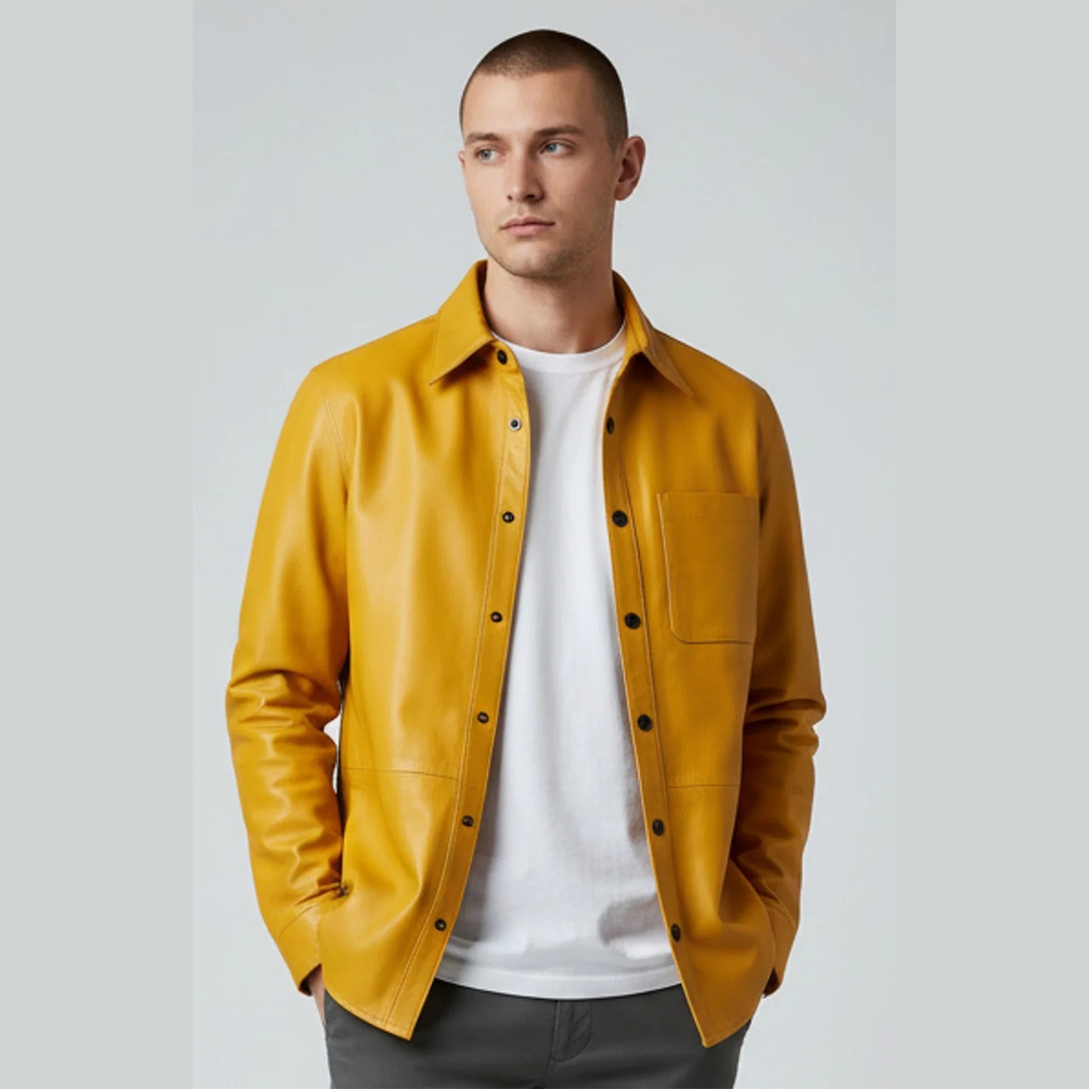 Men's Real Leather Full Sleeves Shirt Chest Pockets Yellow Leather Shirt