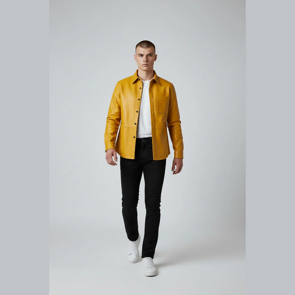 Men's Real Leather Full Sleeves Shirt Chest Pockets Yellow Leather Shirt