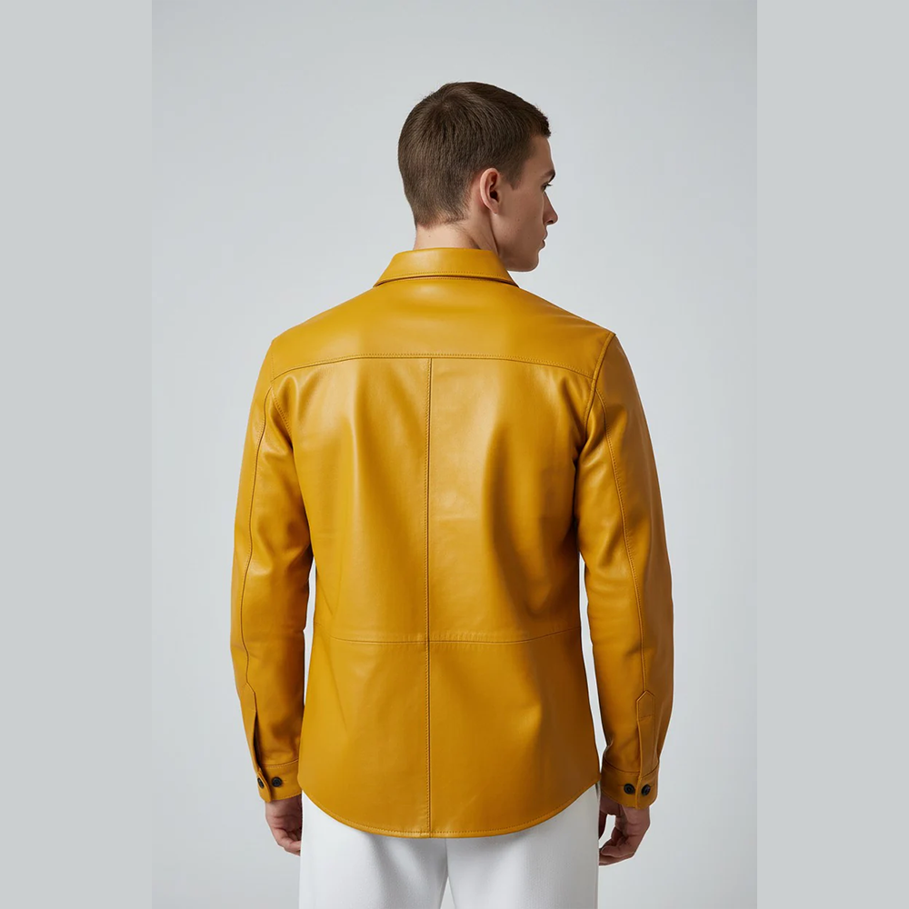 Men's Real Leather Full Sleeves Shirt Chest Pockets Yellow Leather Shirt