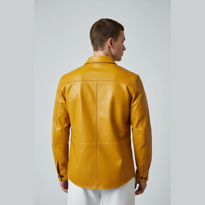 Men's Real Leather Full Sleeves Shirt Chest Pockets Yellow Leather Shirt