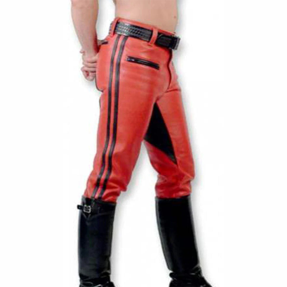 Men’s Red Leather BLUF Biker Pants – Cowhide with Black Side Stripes