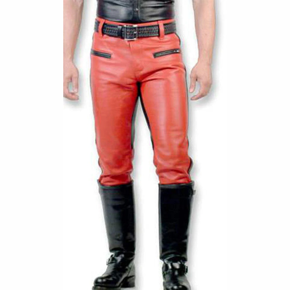Men’s Red Leather BLUF Biker Pants – Cowhide with Black Side Stripes