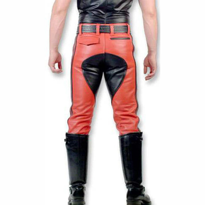 Men’s Red Leather BLUF Biker Pants – Cowhide with Black Side Stripes