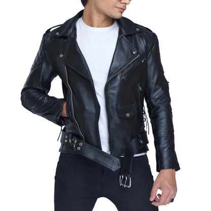 Men's Brando Biker Jacket – Real Cowhide Leather with Quilted Panels