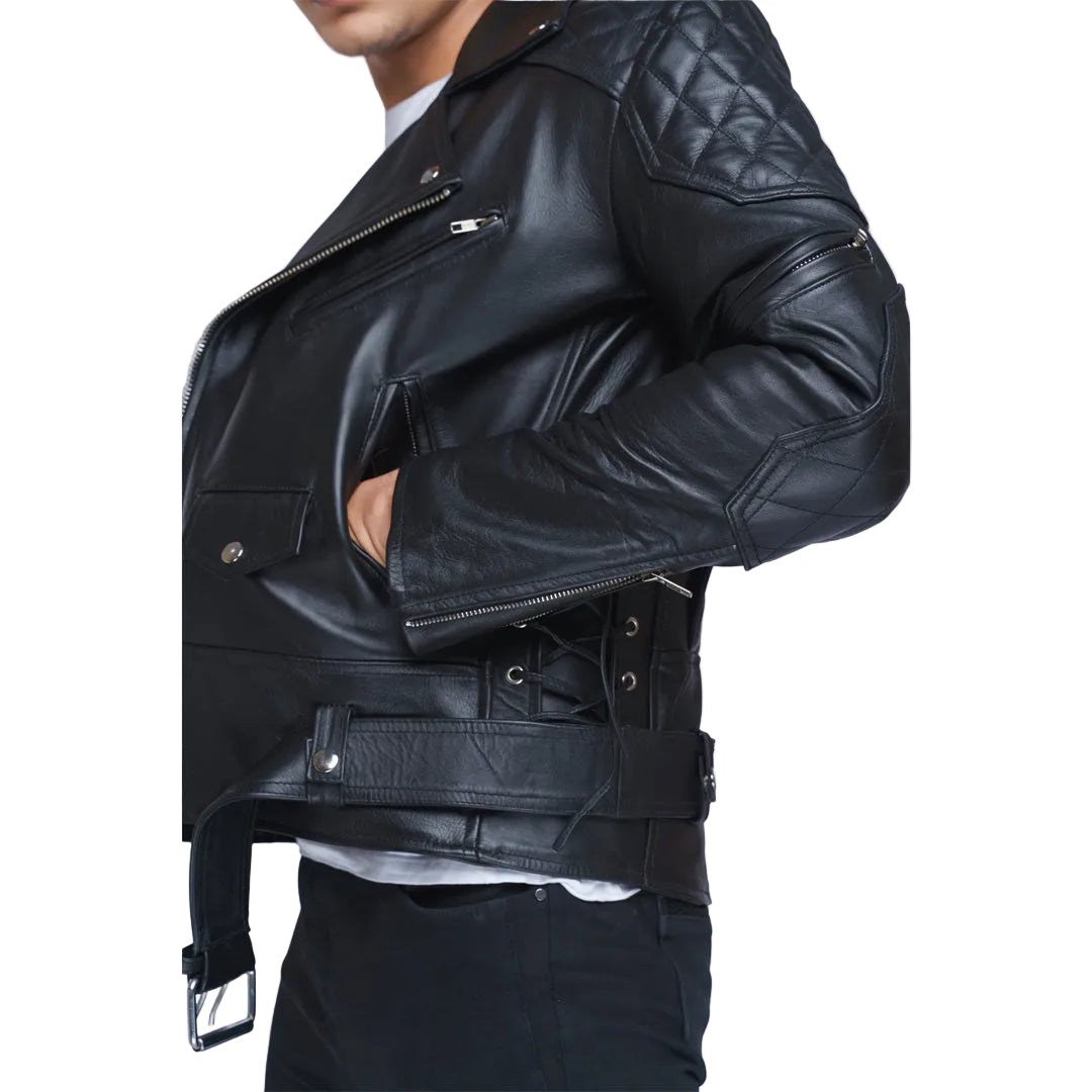 Men's Brando Biker Jacket – Real Cowhide Leather with Quilted Panels