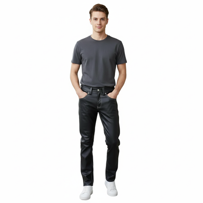 Men’s Black Cow Leather Slim Fit 5 Pocket Pants